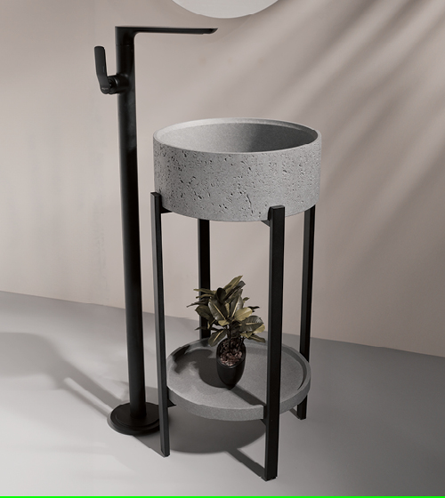 Concrete Round Wash Basin + MS black Stand + Concrete Plate – Aquant India